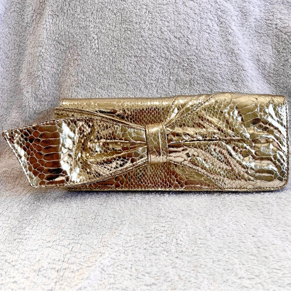 Nine West Gold Metallic Clutch Bow Snakeskin Evening Bag w Mirror